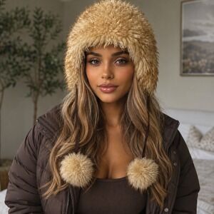 Vintage Shearling Trapper Hat Mongolian Lamb Fur Pom Pom Aviator Tan Brown Women